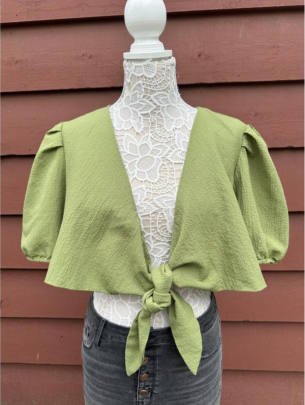 Shein Curve Brand Light Green Puff Sleeve Tie Front Crop Top